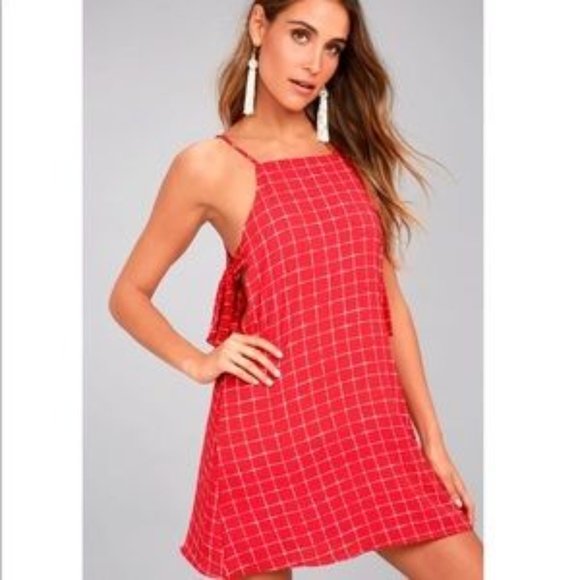 Lulus The Style Points Red Grid Print Swing Dress - Picture 1 of 11